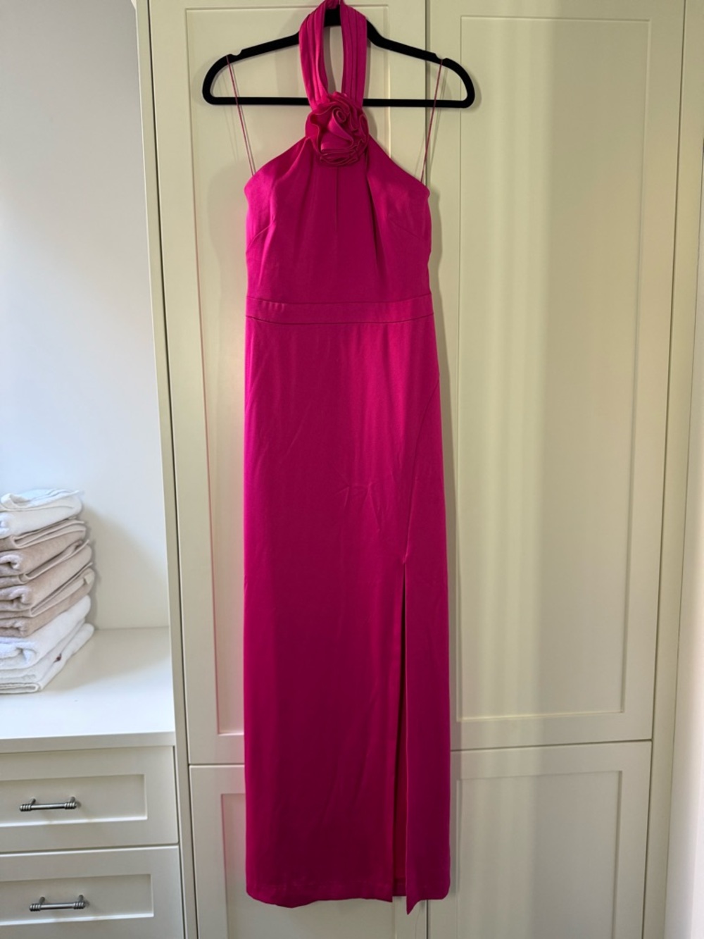 Aidan Mattox Fuchsia Halter Maxi Dress with Rosette Neck